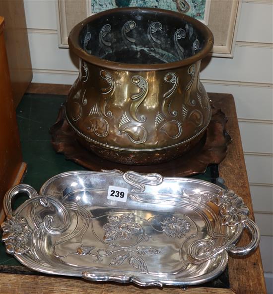 A WMF style Art Nouveau plated dish, a Dutch jardiniere and a copper hammered dish